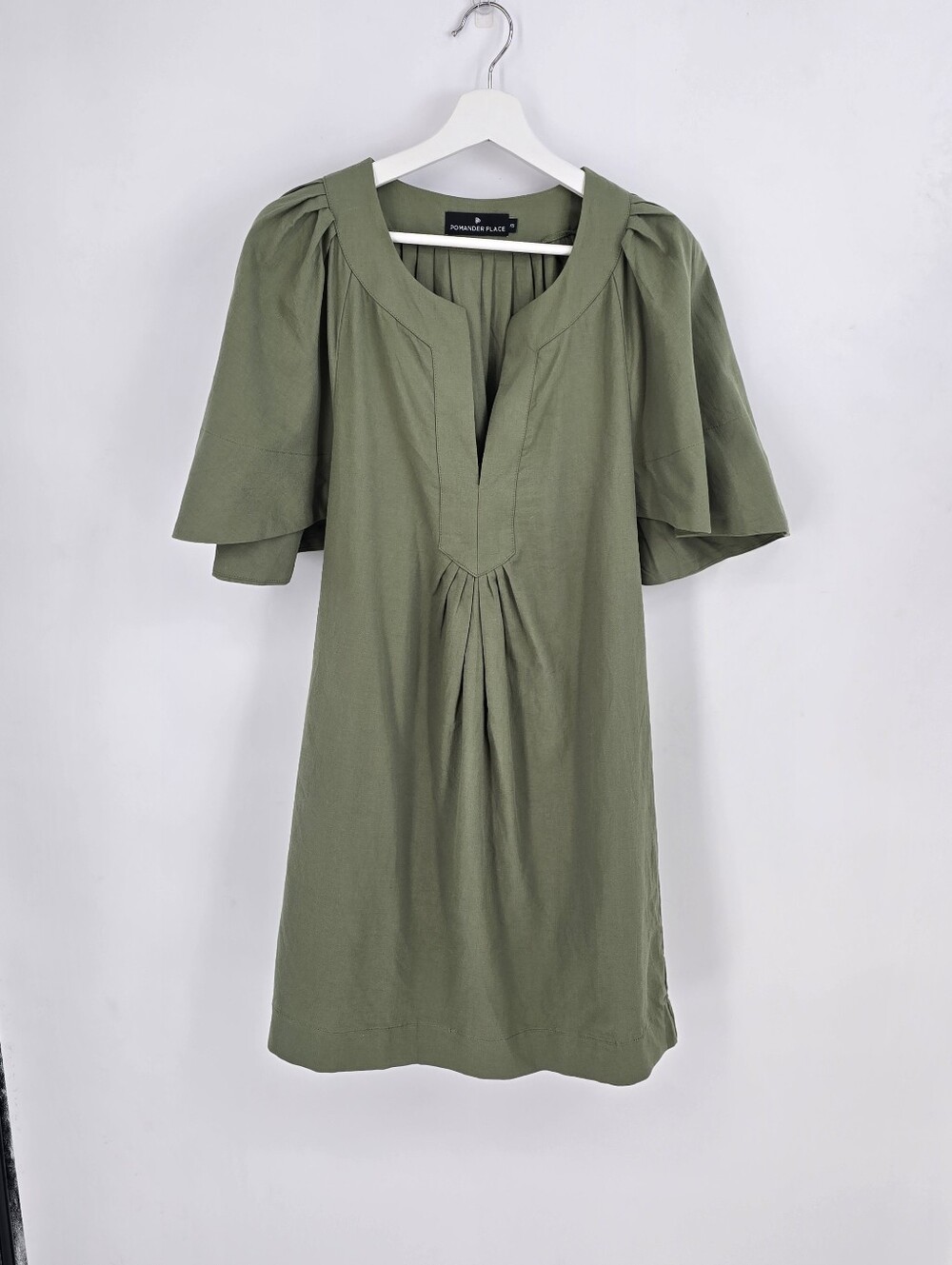 Pomander Place dress with pleated bell sleeves. Olive green size XS